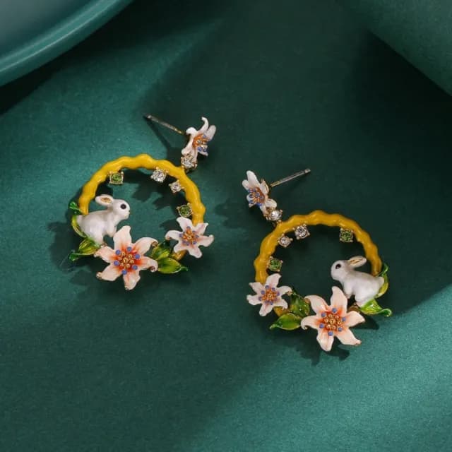 【巴黎精品】現貨+預購 耳環琺瑯耳飾(百合花環兔子鑲鑽女飾品a1gf9)