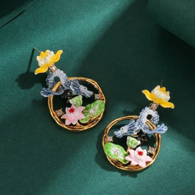 【巴黎精品】現貨+預購 耳環琺瑯耳飾(蓮蓬荷花青龍鑲鑽女飾品a1gf21)