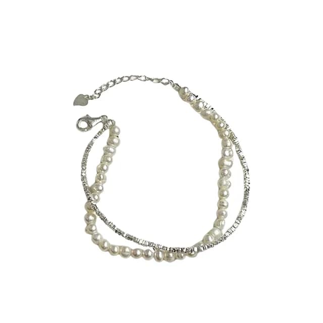 【ANGEL】優雅雙層纏繞淡水珍珠碎銀手鍊(白色)
