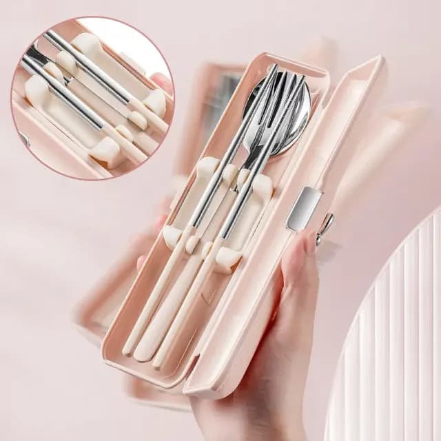 【BonBon naturel】304不鏽鋼環保餐具三件組附盒(筷子/餐具/湯匙/叉子/餐勺/野餐/露營/環保餐具組)