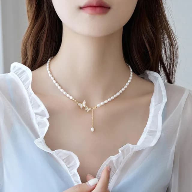 【LEESA】珍珠項鍊\純銀項鍊\蝴蝶項鍊\流蘇\生日禮物\ins項鍊\巴洛克珍珠項鍊\鎖骨鏈