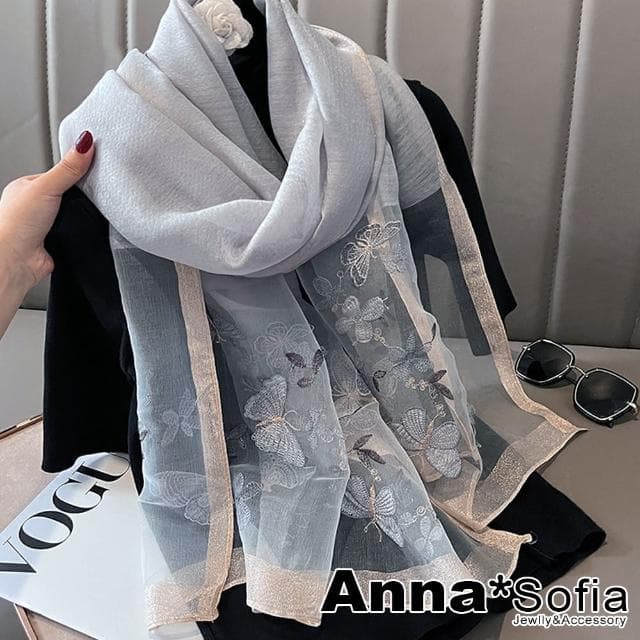 【AnnaSofia】真絲羊毛混紡大尺寸披肩絲巾圍巾-夢蝶紛飛 現貨(淺灰系)