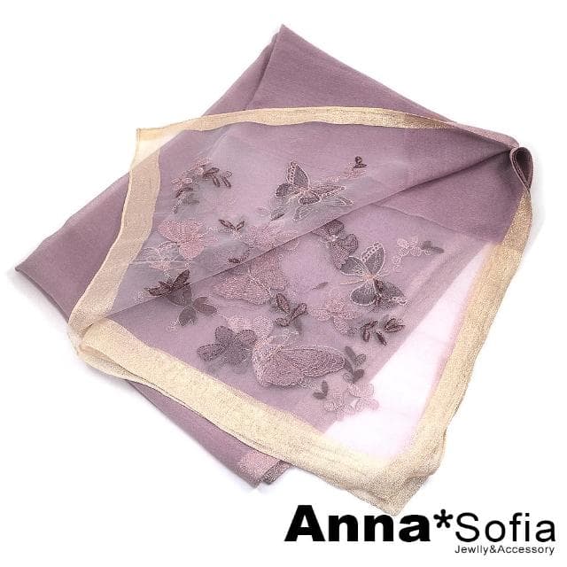 【AnnaSofia】真絲羊毛混紡大尺寸披肩絲巾圍巾-夢蝶紛飛 現貨(藕紫粉系)