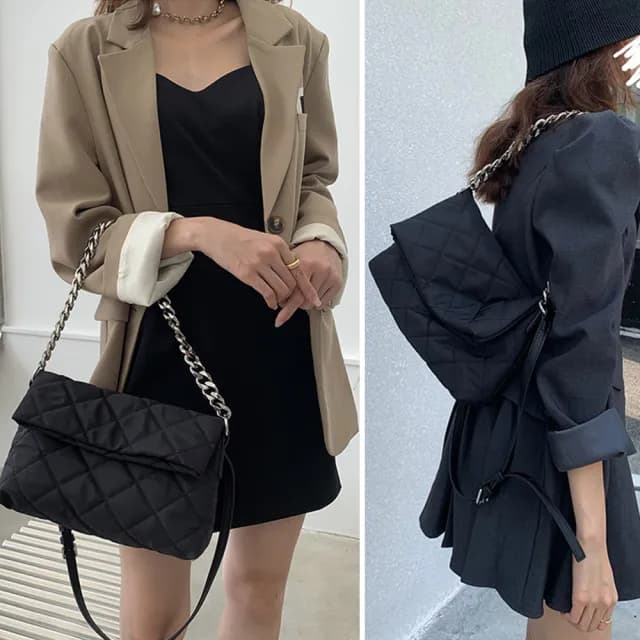 【MoonDy】情人節禮物 包包 鏈條包 尼龍包 包包女 斜背包 菱格包包 小香風包包 折叠包 黑色包包 女生包包  