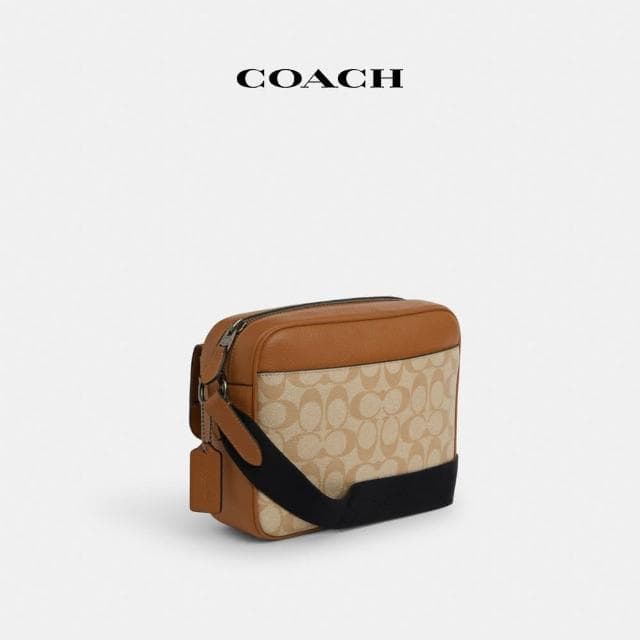 【COACH】蔻馳官方直營 HUDSON經典Logo撞色斜背手袋-QB/淺馬鞍棕色混合色(CR339)