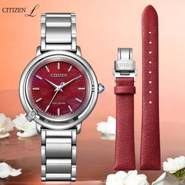 【CITIZEN 星辰】L系列 珍珠母貝 光動能錶 女錶 禮物 推薦(EM1090-78X/紅色31.2mm)