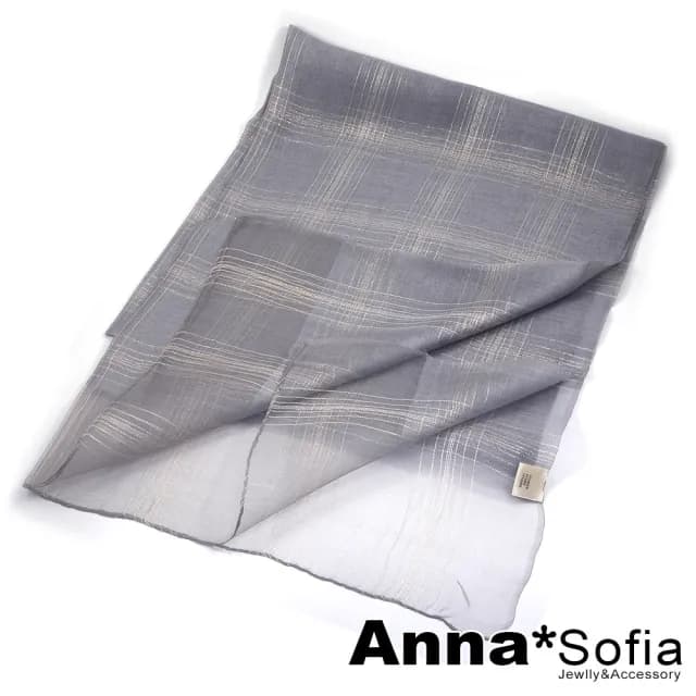 【AnnaSofia】真絲混紡大尺寸披肩絲巾圍巾-朦紗絲線格 現貨(淺灰系)