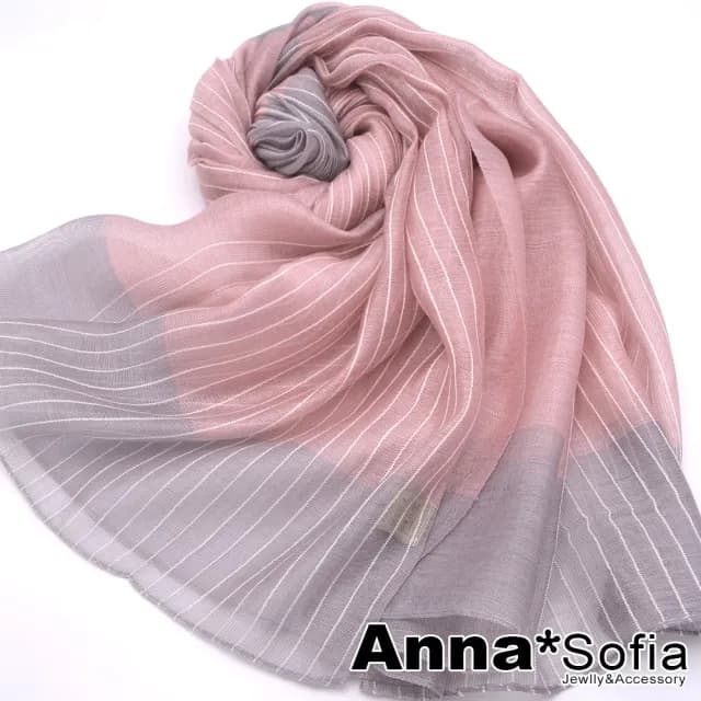 【AnnaSofia】真絲羊毛混紡大尺寸披肩絲巾圍巾-粉彩直條紋拼色 現貨(粉系)