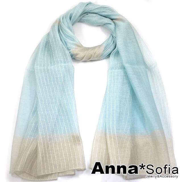 【AnnaSofia】真絲羊毛混紡大尺寸披肩絲巾圍巾-粉彩直條紋拼色 現貨(藍系)