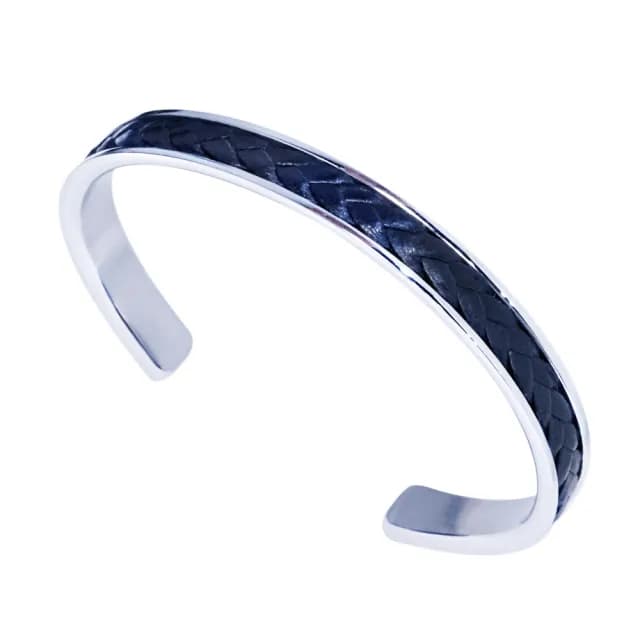 【JING YANG 晶漾】白鋼男手鐲黑牛皮開口手環(生日禮物、送禮)