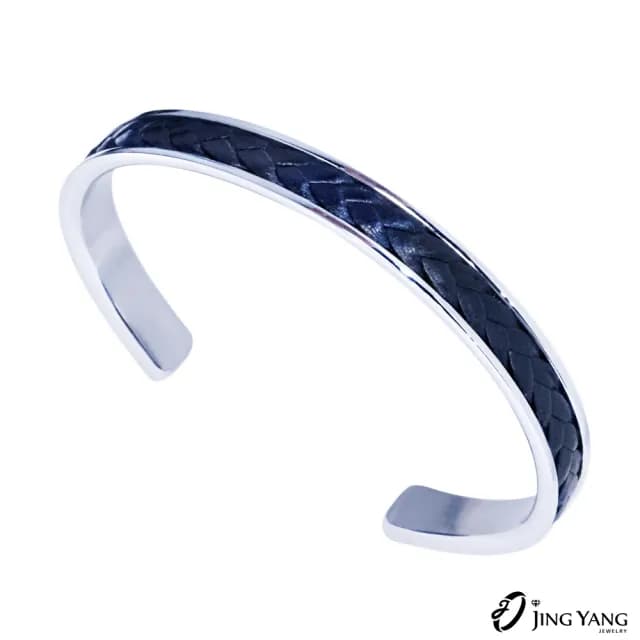 【JING YANG 晶漾】白鋼男手鐲黑牛皮開口手環(生日禮物、送禮)