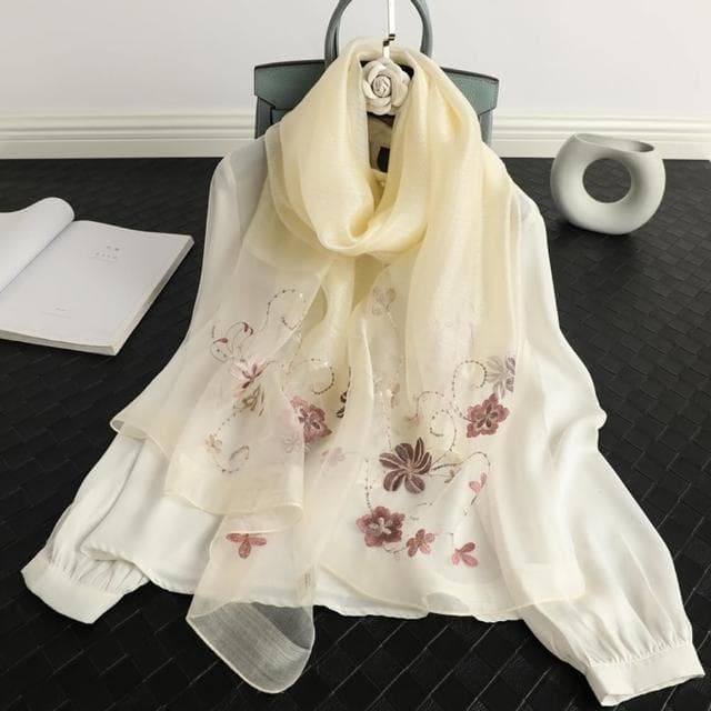 【巴黎精品】現貨+預購 真絲絲巾羊毛圍巾(薄款繡花紗巾桑蠶絲女配件9色a1gt28)