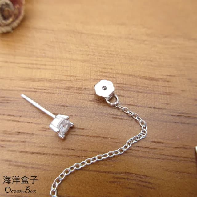 【海洋盒子】單只價。雙耳洞鋯石鍊條925純銀耳環(外鍍專櫃級正白K.貼耳耳環)