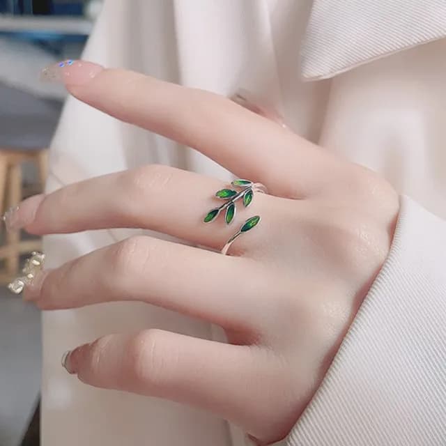 【KT DADA】情人節禮物 開口戒指 戒指 小戒指 純銀戒指 造型戒指 古風戒指 復古戒指 綠色戒指 葉子戒指 不 