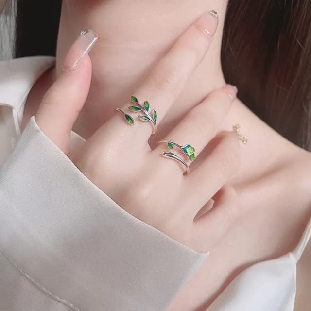 【KT DADA】情人節禮物 開口戒指 戒指 小戒指 純銀戒指 造型戒指 古風戒指 復古戒指 綠色戒指 葉子戒指 不