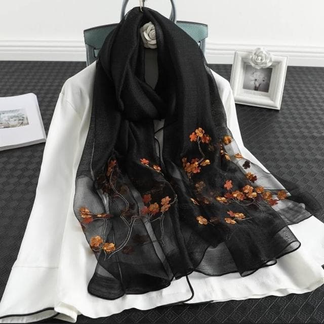 【巴黎精品】現貨+預購 真絲絲巾羊毛圍巾(平紋花枝刺繡桑蠶絲女配件7色a1gt40)