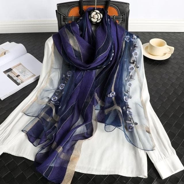 【巴黎精品】現貨+預購 真絲絲巾羊毛圍巾(桑蠶絲花卉刺繡紗巾女配件7色a1gt29)