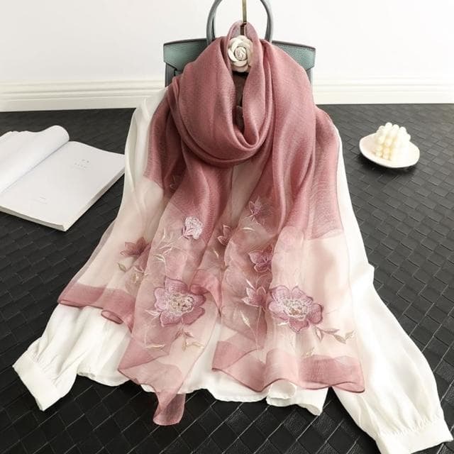 【巴黎精品】現貨+預購 真絲絲巾羊毛圍巾(蘭花刺繡桑蠶絲薄款女配件9色a1gt38)