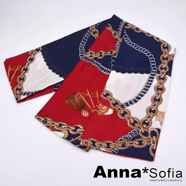 【AnnaSofia】仿絲領巾絲巾圍巾-歐美鎖鏈 窄版緞面 現貨(紅藍系)