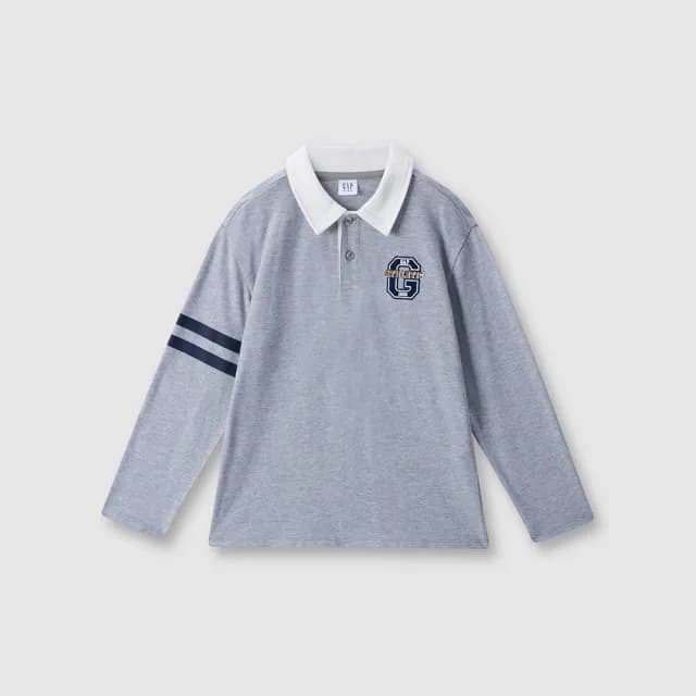 【GAP】兒童裝 Logo純棉刺繡長袖POLO衫-灰色(641912)