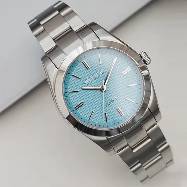 【Relax Time】RT-105S 立體格紋太陽能男錶 送禮推薦-銀x湖水藍/40mm 禮物 送禮 推薦(RT-105S-2M)