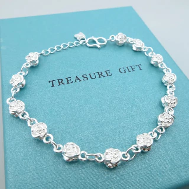 【海洋盒子】立體雙面雪白玫瑰花S999純銀手鍊贈禮盒(送禮 禮盒 S999足銀 純銀)