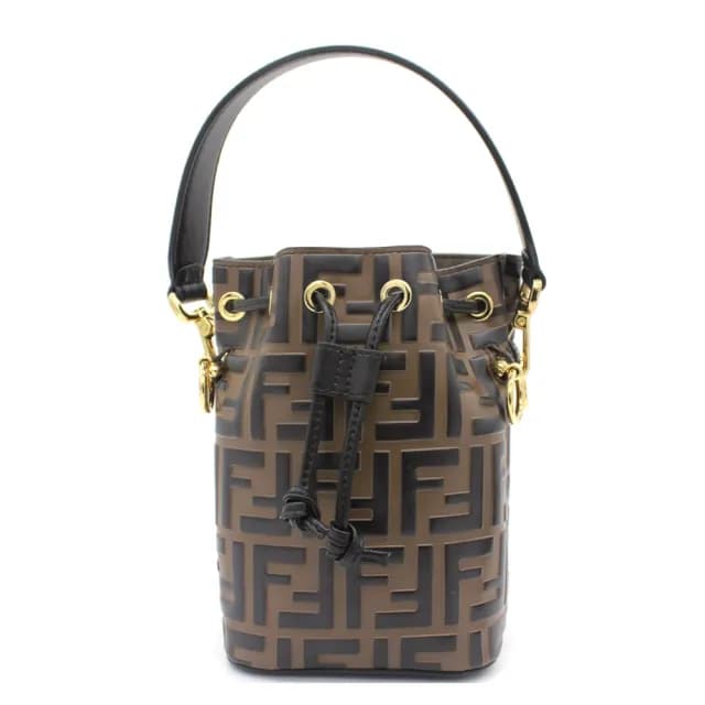 【FENDI 芬迪】Mon Tresor Mini 小牛皮 FF壓花 迷你 雙背帶 斜背包 肩背包 水桶包 棕色