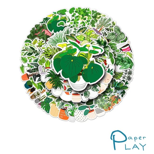 【Paper Play】創意多用途防水貼紙-手繪綠色植物盆栽 50枚入(防水貼紙 行李箱貼紙 手機貼紙 水壺貼紙)