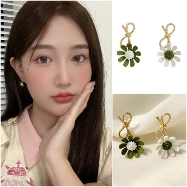 【Oni 歐妮】夏日小雛菊-撞色滴釉不對稱耳針穿式耳釘925純銀針式耳環(1對入/耳針)