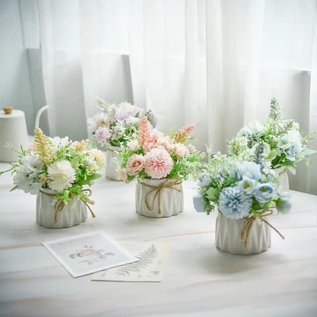 【Eclat】北歐ins風仿真迷你療癒陶瓷麻繩小盆栽/桌面裝飾擺設/花藝擺件_5款一組(仿真植物 仿真綠植物)