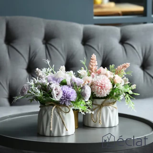 【Eclat】北歐ins風仿真迷你療癒陶瓷麻繩小盆栽/桌面裝飾擺設/花藝擺件_5款一組(仿真植物 仿真綠植物)