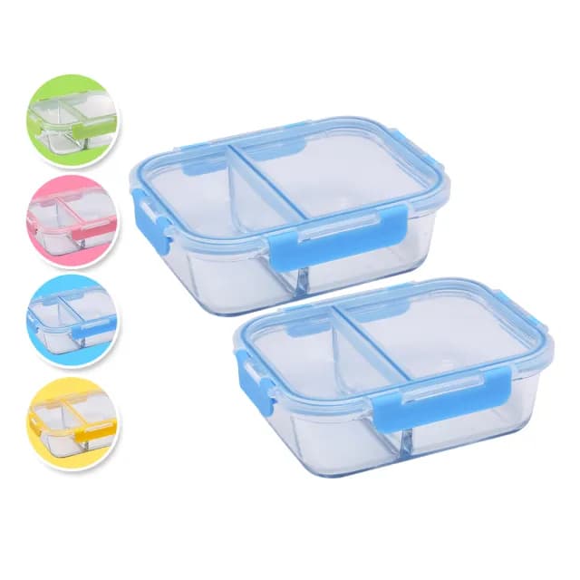 【CorelleBrands 康寧餐具】全分隔長方形玻璃保鮮盒1050ML-2入組(多色可選)