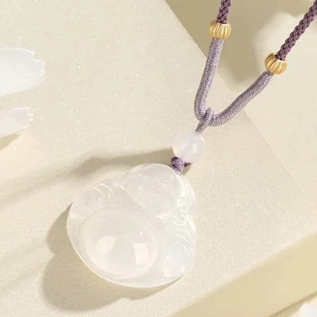 【MoonDy】白玉髓項鍊 彌勒佛像鍊 玉墜 新中式項鍊 手工編織項鍊 紫色項鍊 可調節 女項鍊 禮物