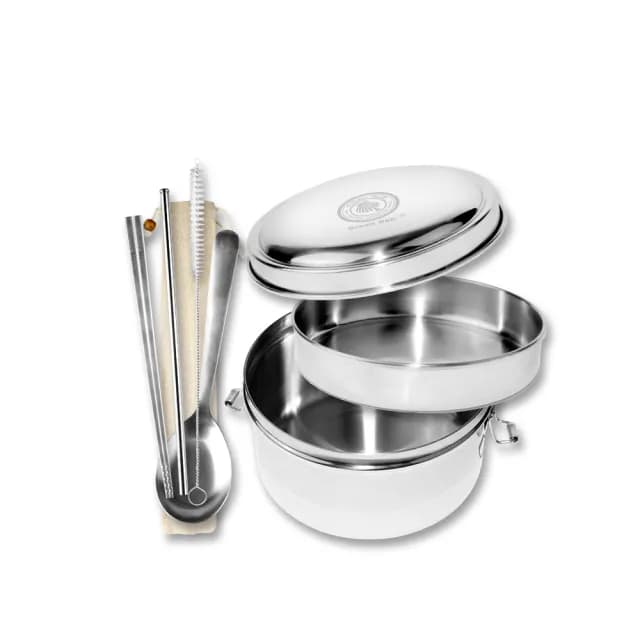 【GREEN BELL 綠貝】316不鏽鋼14cm雙層圓形便當盒 贈 綜合餐具組(分層便當盒+筷子+湯匙+吸管+吸管刷 防漏)