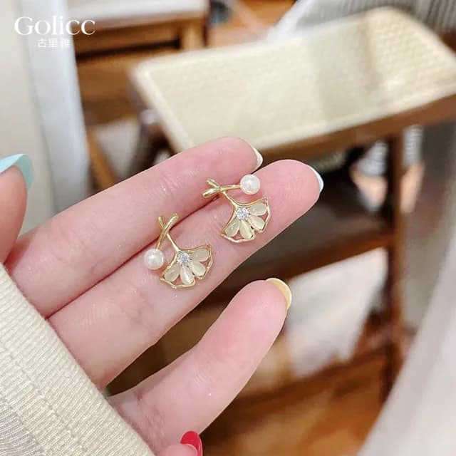 【Golicc】貓眼石 銀杏葉 耳環(七夕 情人節 生日 飾品 耳釘 耳飾 耳墜 禮物)