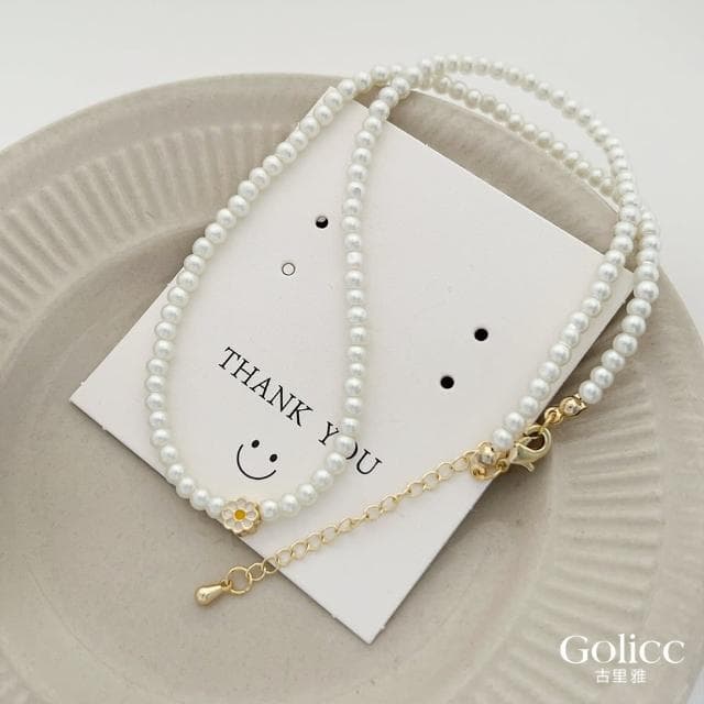 【Golicc】清新小雛菊珍珠鎖骨鍊(母親節 生日 情人節 鎖骨鍊 項鍊 飾品 禮物)