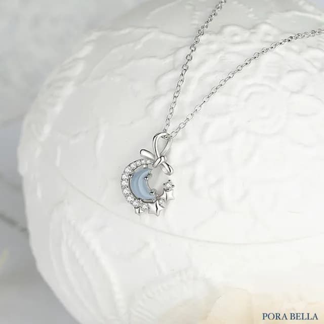 【Porabella】S925純銀星月蝴蝶結項鍊 藍色月亮鎖骨鏈 月亮星星項鏈 鋯石項鍊 生日禮物 Necklace