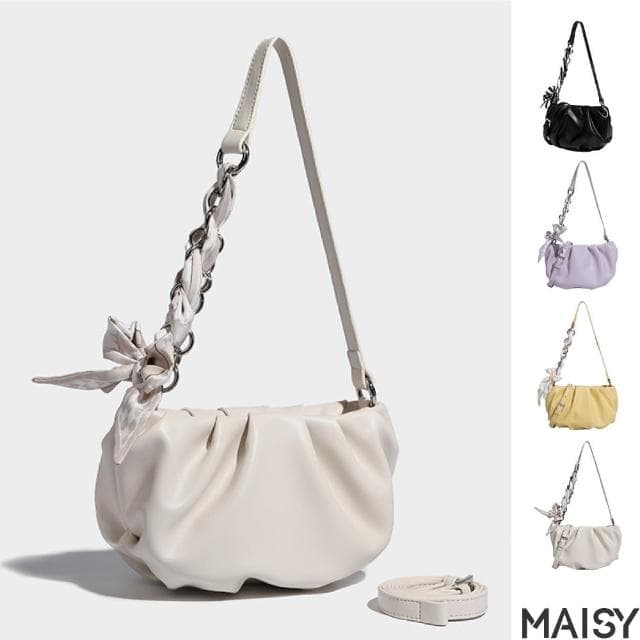 【MAISY】清新時尚絲巾鍊條雲朵包 肩背包 手提包 斜背包(黑色／米色／紫色／黃色)