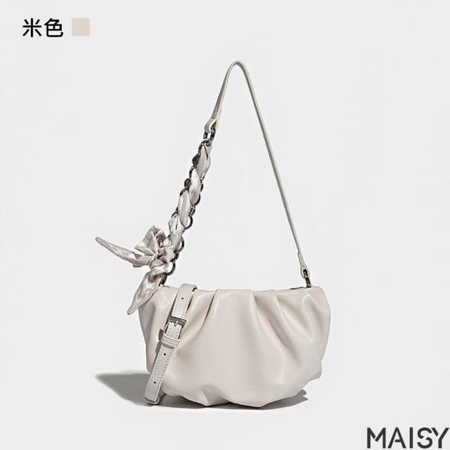 【MAISY】清新時尚絲巾鍊條雲朵包 肩背包 手提包 斜背包(黑色／米色／紫色／黃色)