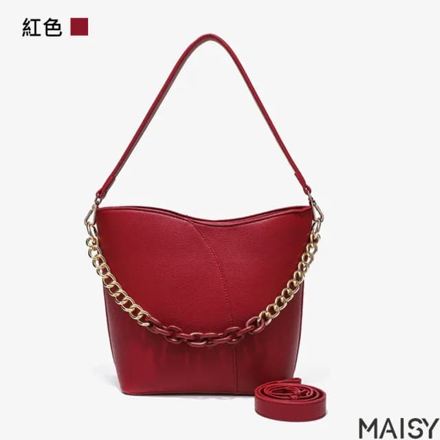 【MAISY】情人節禮物 質感典雅純色大容量鍊條水桶包 肩背包 斜背包(黑色／米色／紅色)