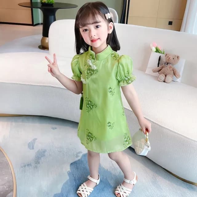 【橘魔法】珍珠盤扣光澤紗質旗袍(短袖 連身洋裝 連衣裙 連身裙 女童 兒童 童裝)