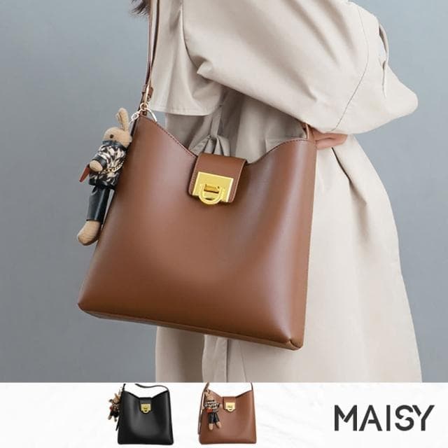 【MAISY】母親節禮物 時尚真皮大容量肩背水桶包 斜背包(現+預  黑色 / 棕色)