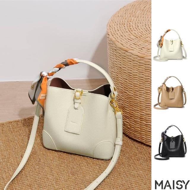 【MAISY】母親節禮物 優雅女士百搭絲巾水桶包(現+預 黑色／米色／卡其色)