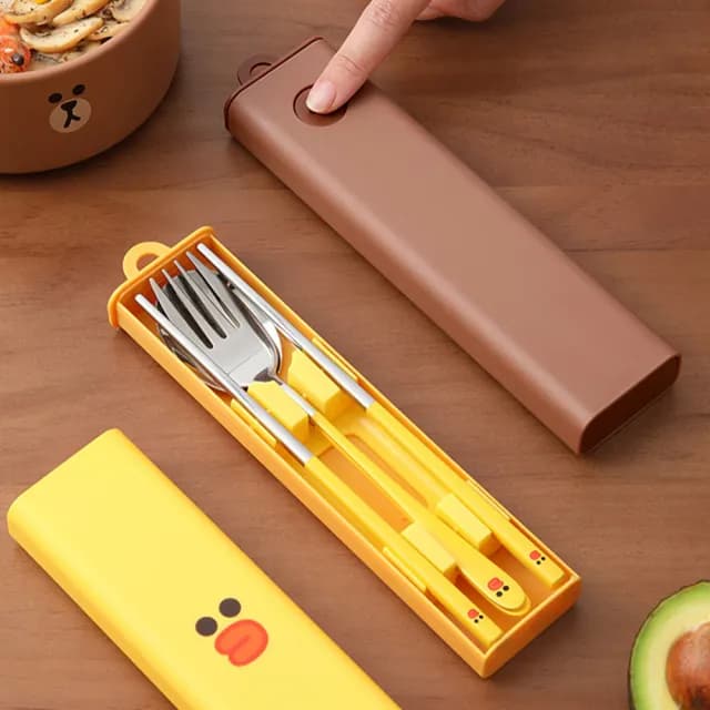 【LINE FRIENDS】熊大莎莉便攜筷子湯匙叉子不鏽鋼環保餐具三件組(附收納盒)