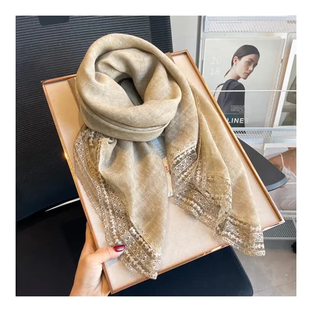 【Jun Jun】亞麻質感蕾絲大方巾 圍巾(多色選)