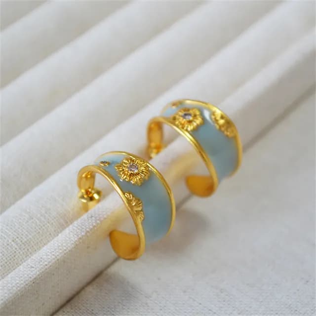 【MoonDy】雙11 C型耳環 法式耳環 珐琅耳環 花朵耳環 耳圈 復古耳環 耳飾 手工耳環 純銀耳還 藍