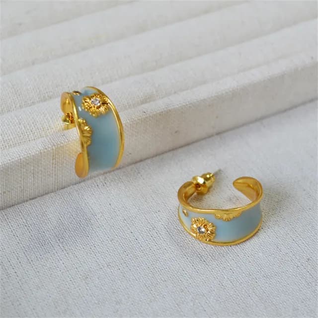 【MoonDy】雙11 C型耳環 法式耳環 珐琅耳環 花朵耳環 耳圈 復古耳環 耳飾 手工耳環 純銀耳還 藍