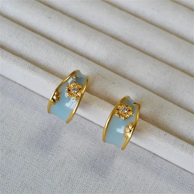 【MoonDy】雙11 C型耳環 法式耳環 珐琅耳環 花朵耳環 耳圈 復古耳環 耳飾 手工耳環 純銀耳還 藍