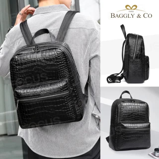 【BAGGLY&CO】情人節禮物 真皮 史特拉鱷魚壓紋頭層牛皮男士後背包(真皮包包 防輕潑水包 商務包 頭層牛皮)