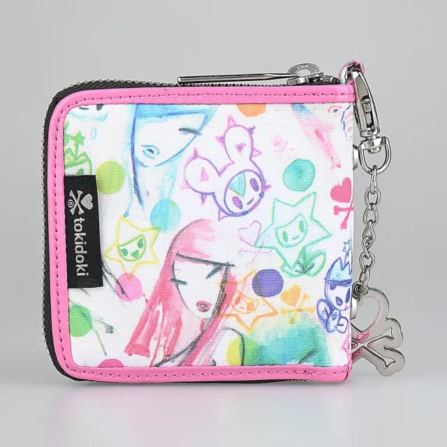 【TOKIDOKI】情人節禮物 TOKIDOKI 藍色透明LOGO日系塗鴉圖案尼龍對折拉鍊短夾(粉紅x彩)
